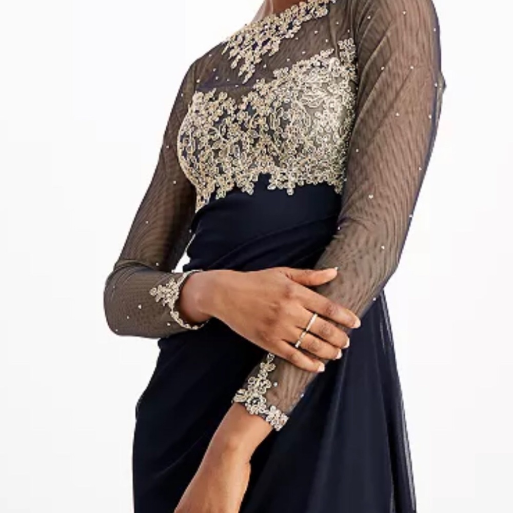 Xscape sequined embellished gold and navy ruched illusion gown women’s 10P